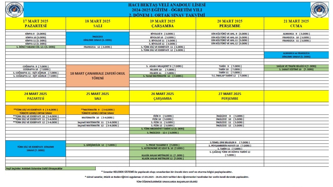 2024-2025 Eğitim ve Öğretim Yılı 2. Dönem 1. Ortak Sınav Takvimi !!!